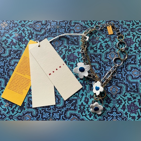 NWT MARNI Mixed Metal Choker Pendant Necklace W/ Enamel Floral Charms Blue/White - Picture 5 of 9